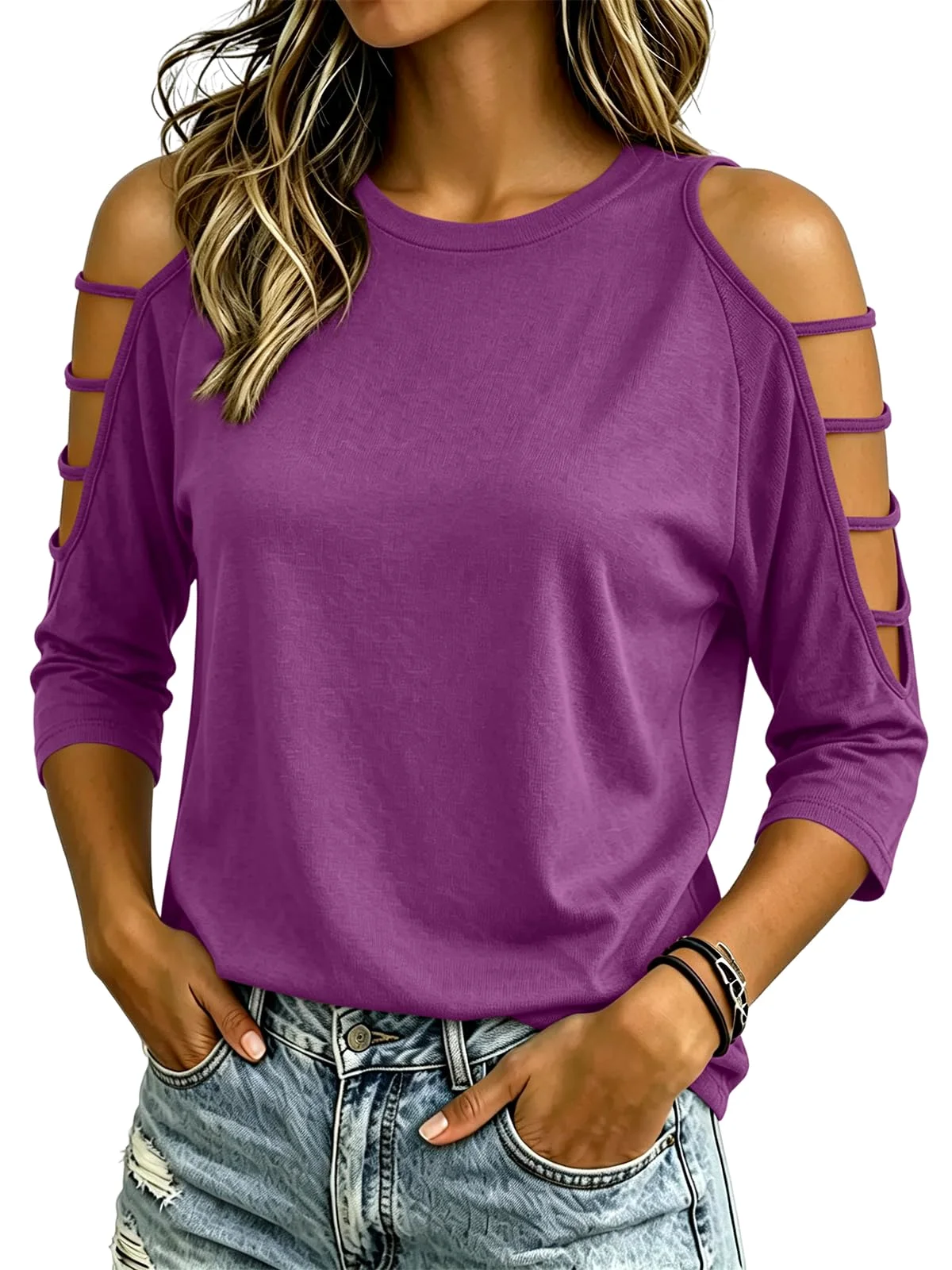 TICTICMIMI Cold shoulder 3/4 sleeve tee in Purple