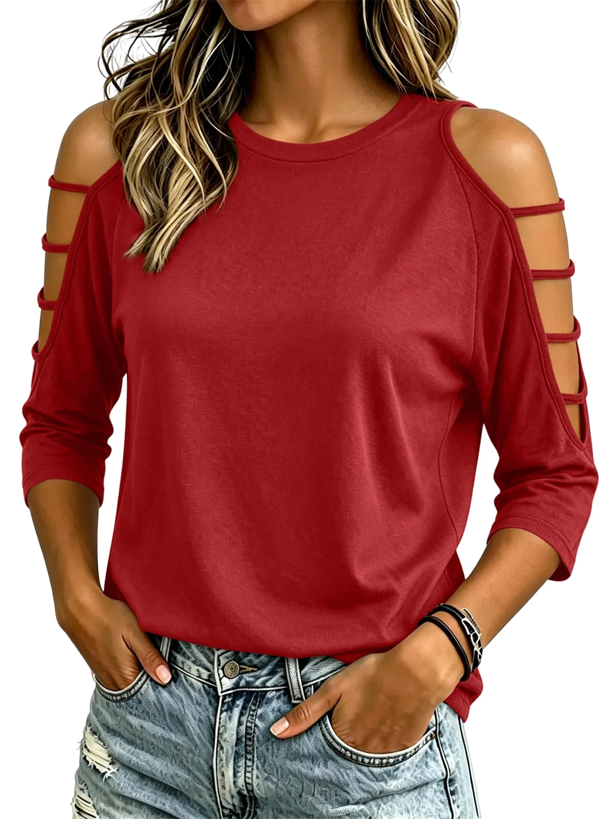 TICTICMIMI Cold shoulder 3/4 sleeve tee in Red