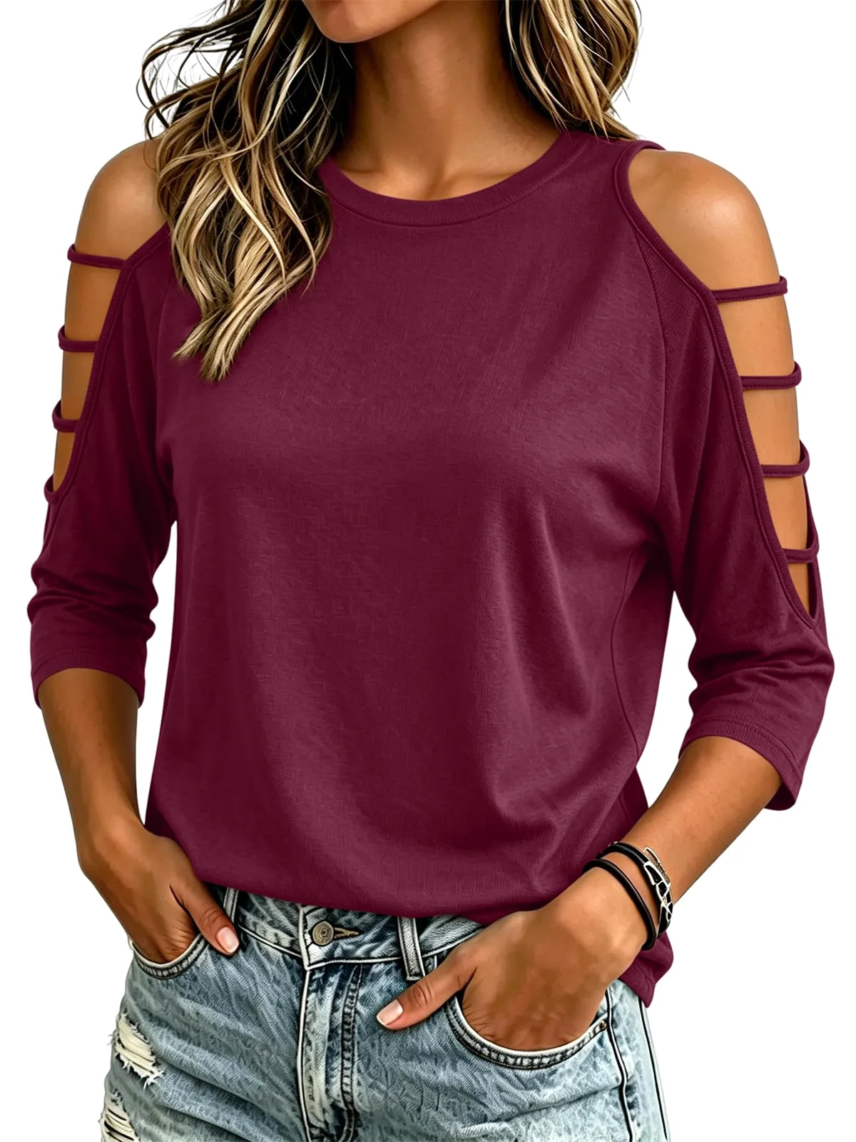 TICTICMIMI Cold shoulder 3/4 sleeve tee in Wine Red