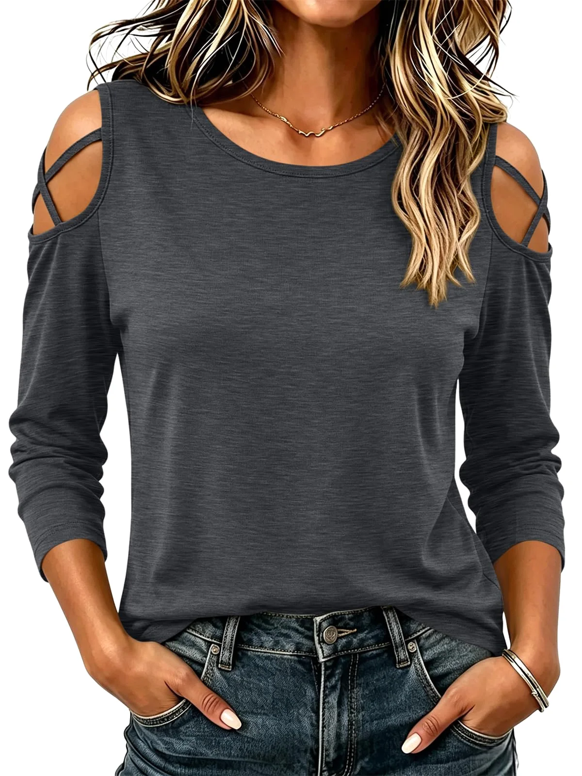 TICTICMIMI Cold shoulder scoop neck top in Dark Gray