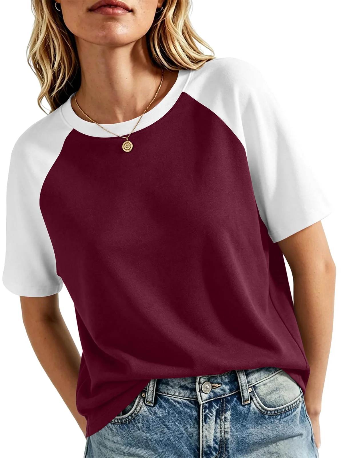 TICTICMIMI Color block raglan tee in Wine Red