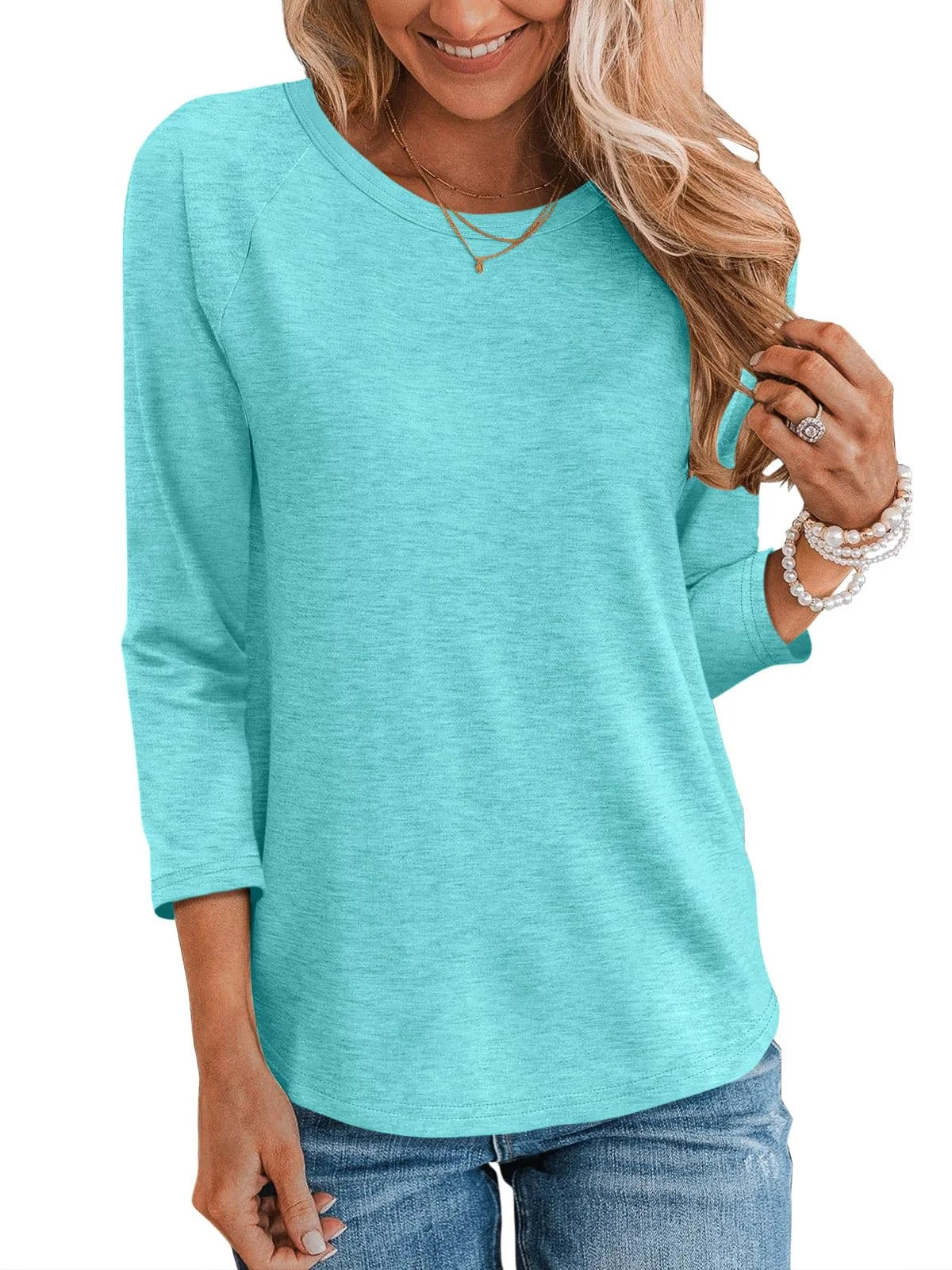 TICTICMIMI Crewneck 3/4 sleeve raglan tunic in Aqua