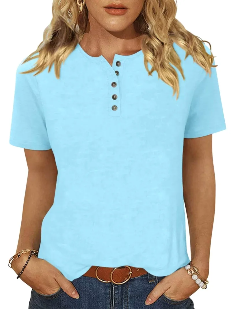 TICTICMIMI Crewneck button henley tee in Mint Blue
