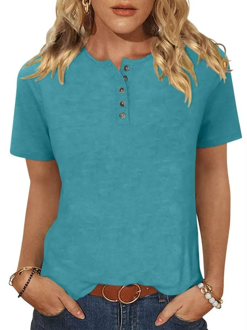 TICTICMIMI Crewneck button henley tee in Teal