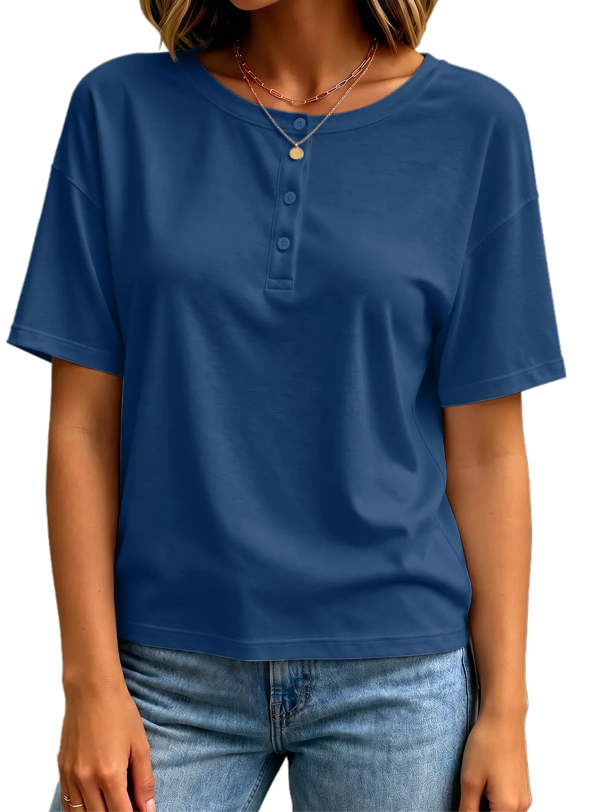 TICTICMIMI Drop-shoulder crewneck henley in Navy Blue