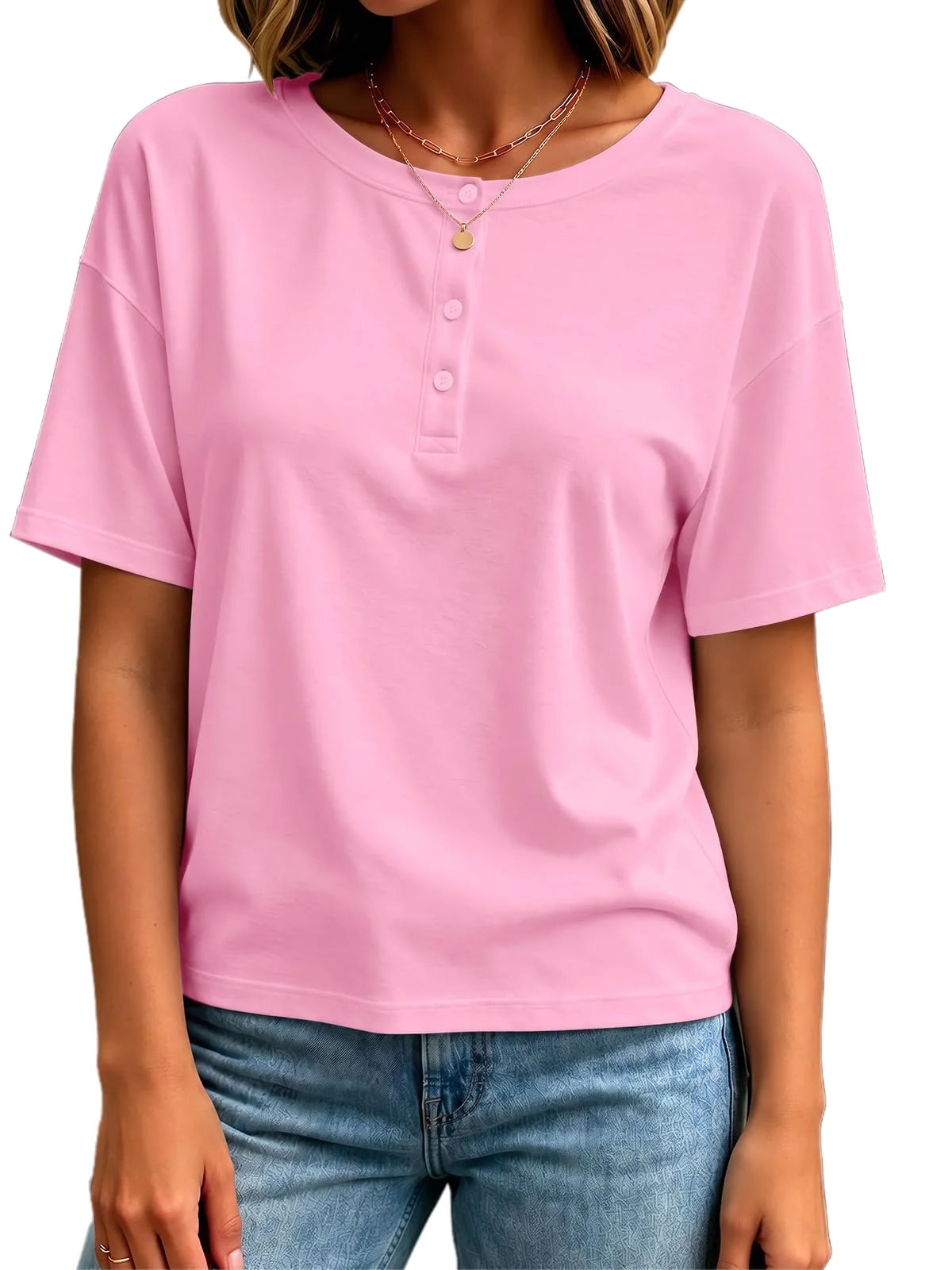 TICTICMIMI Drop-shoulder crewneck henley in Pink