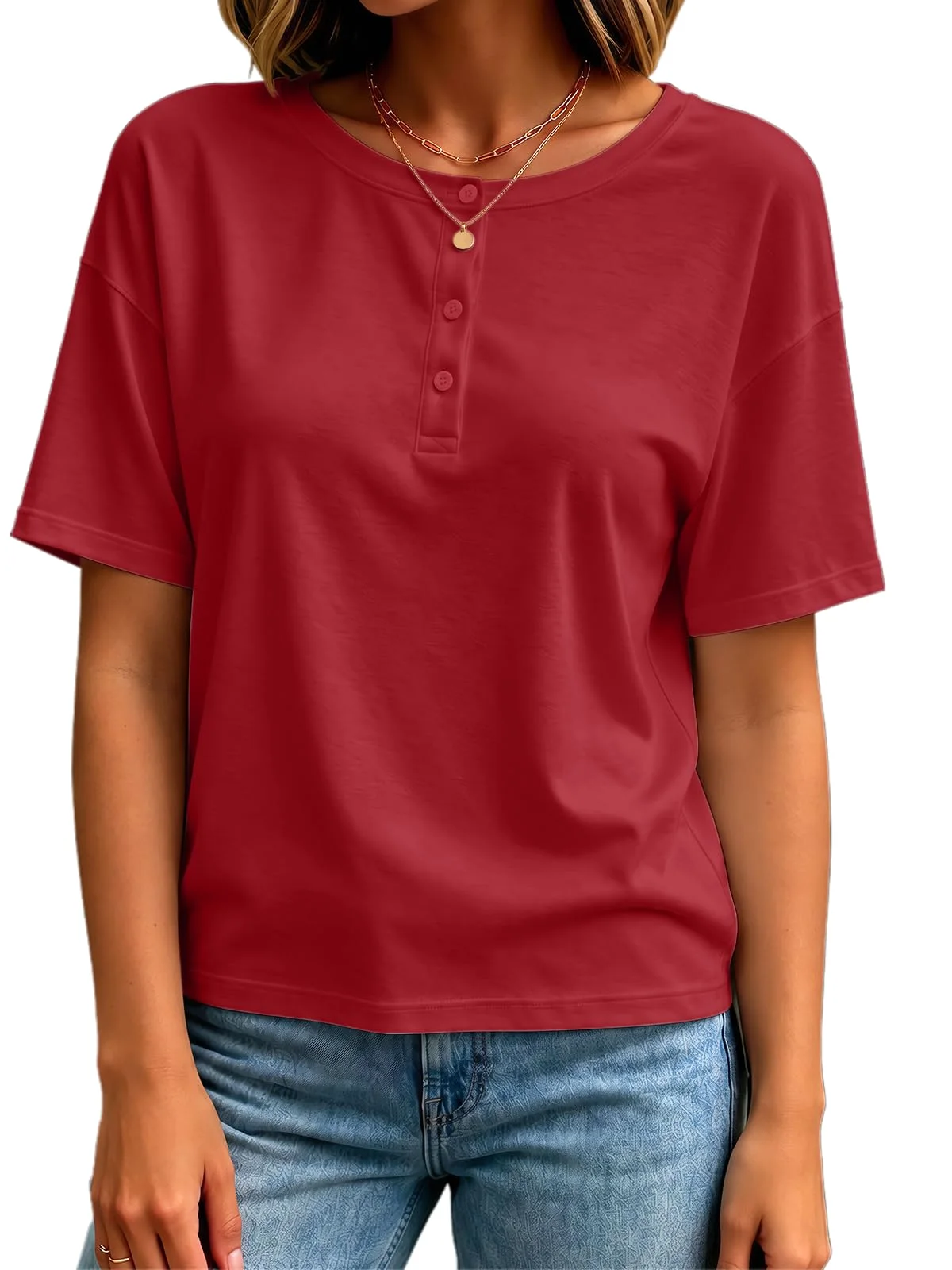 TICTICMIMI Drop-shoulder crewneck henley in Red