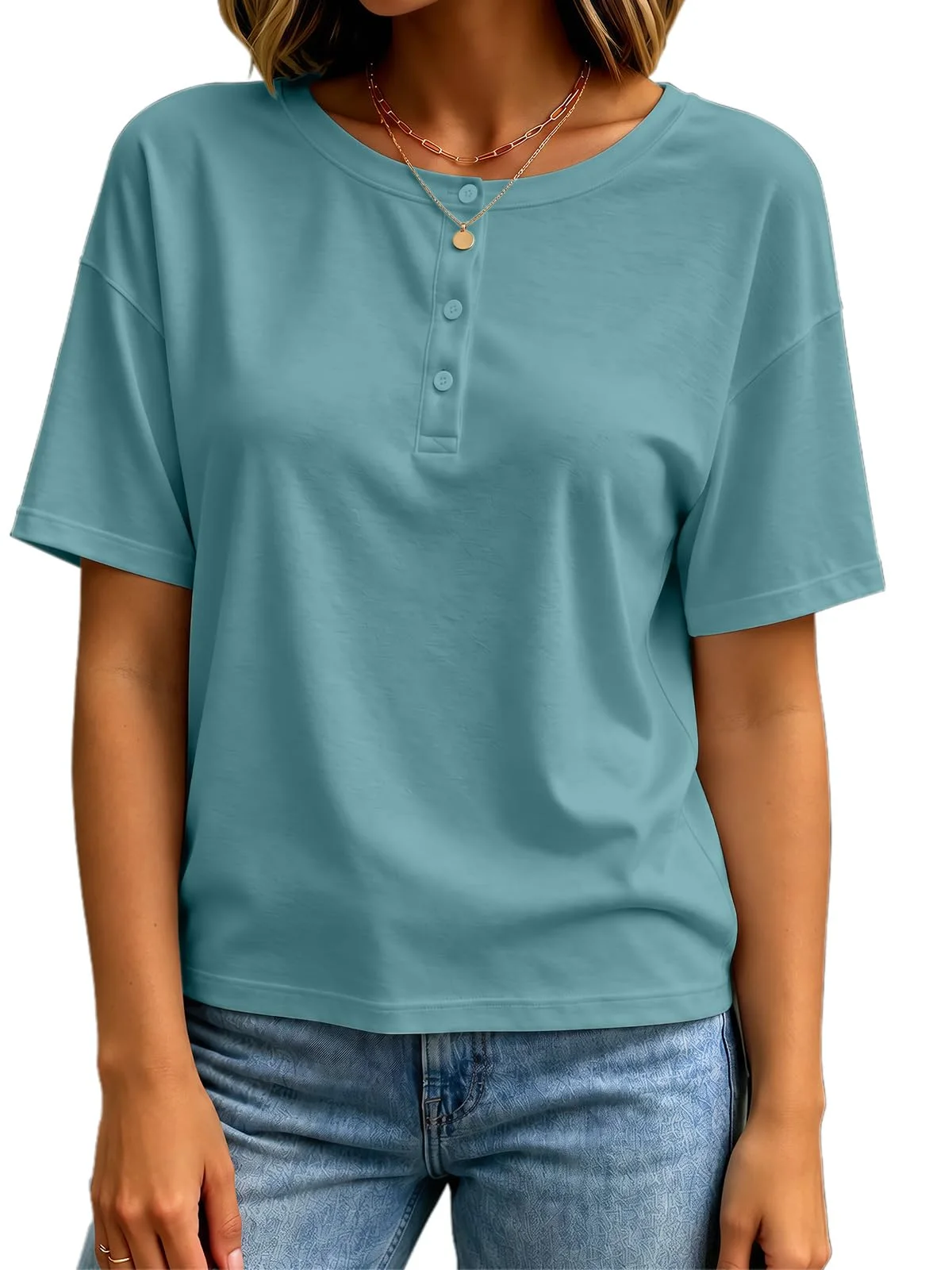 TICTICMIMI Drop-shoulder crewneck henley in Teal