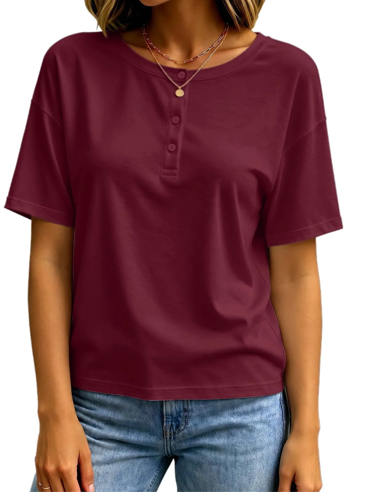 TICTICMIMI Drop-shoulder crewneck henley in Wine Red