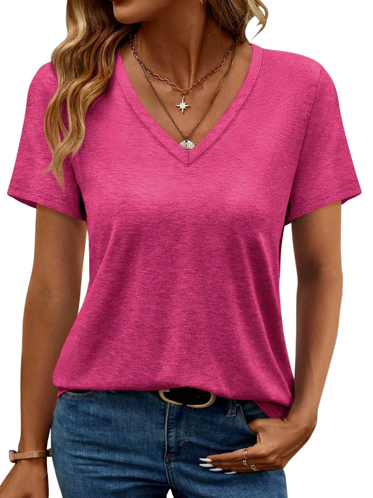 TICTICMIMI Everyday V-neck tee in Hot Pink
