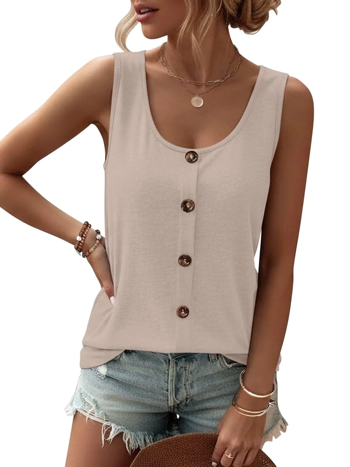 TICTICMIMI Five-button scoop neck tank in Apricot
