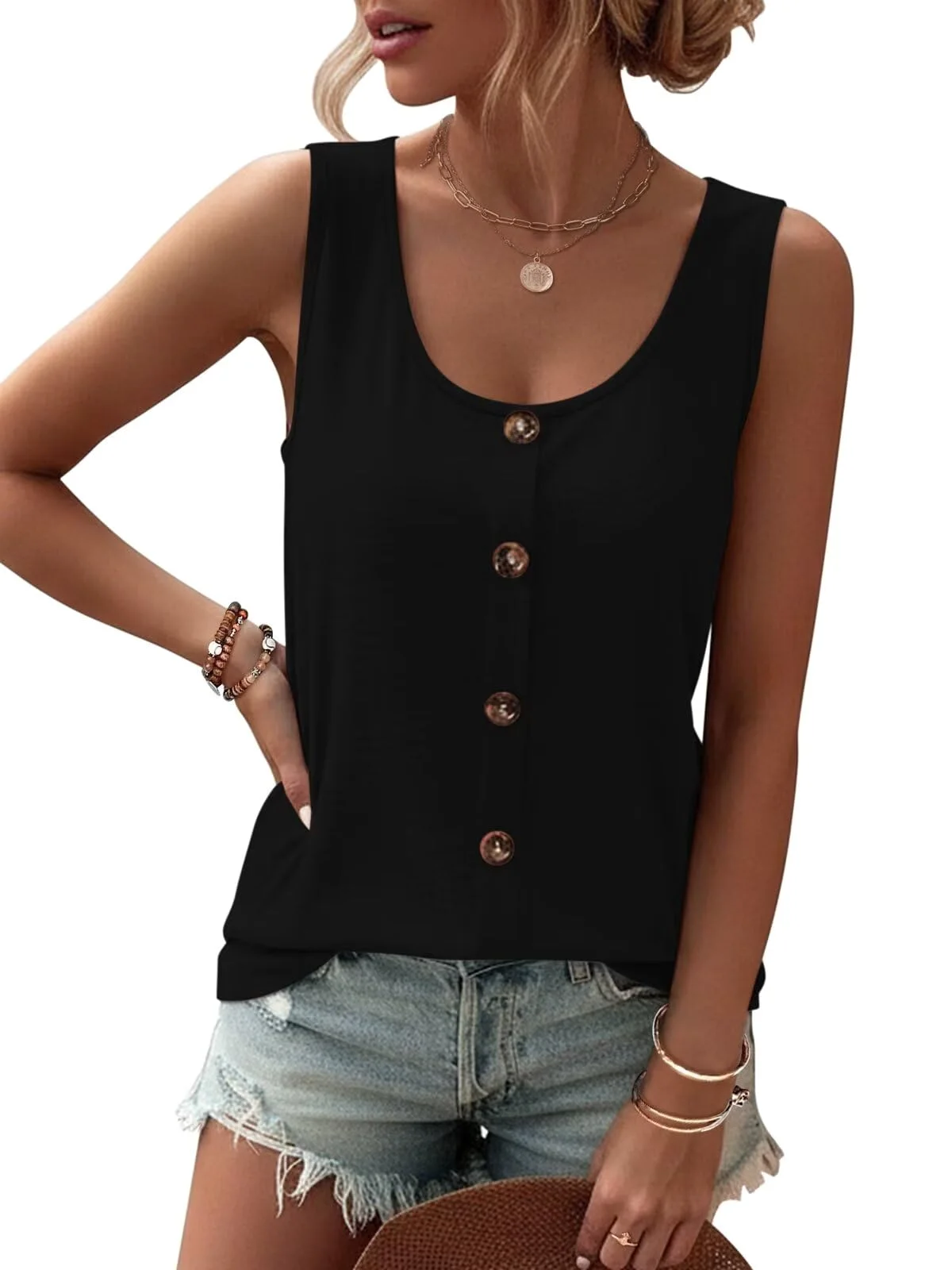 TICTICMIMI Five-button scoop neck tank in Black