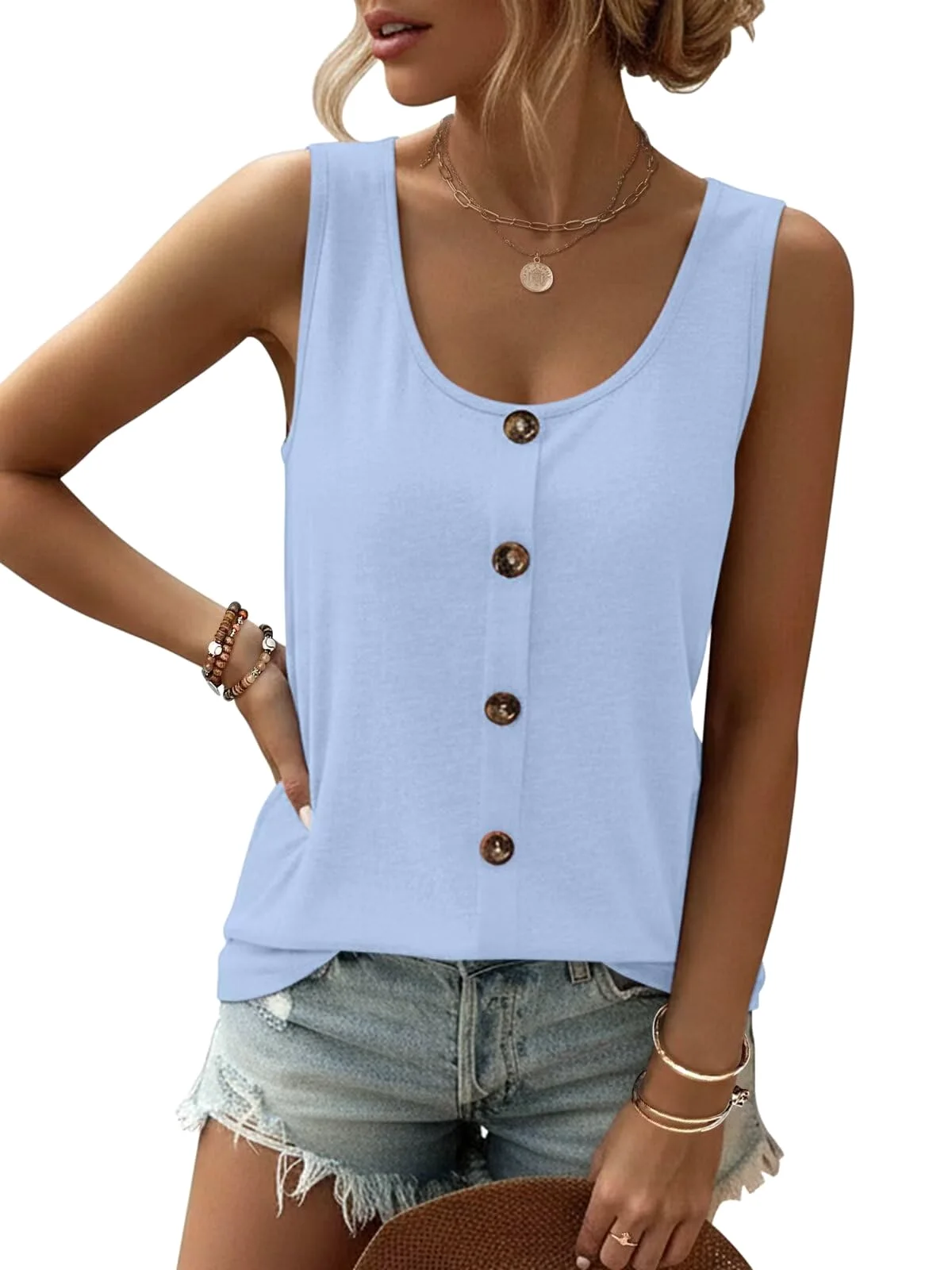 TICTICMIMI Five-button scoop neck tank in Blue