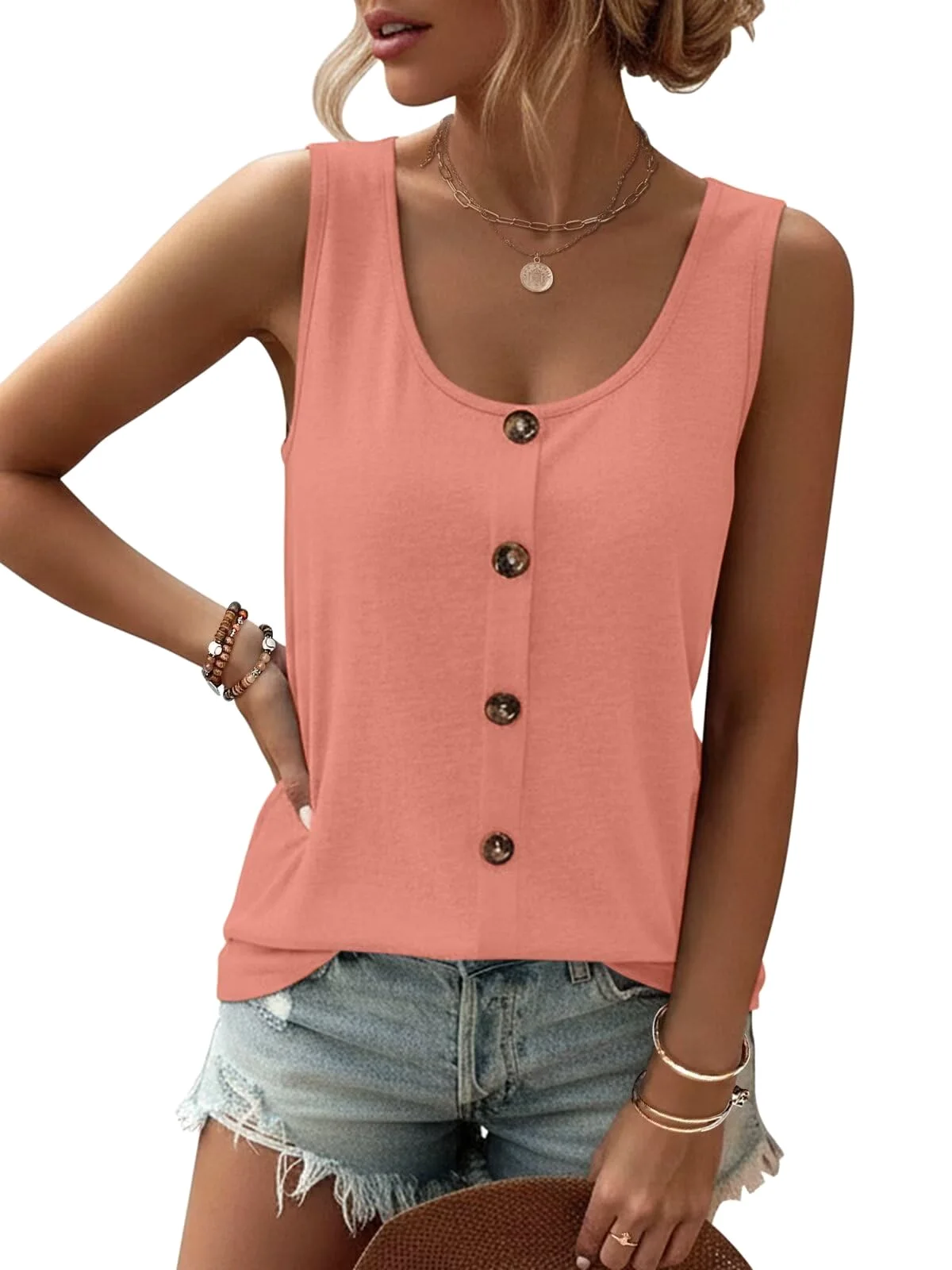 TICTICMIMI Five-button scoop neck tank in Coral