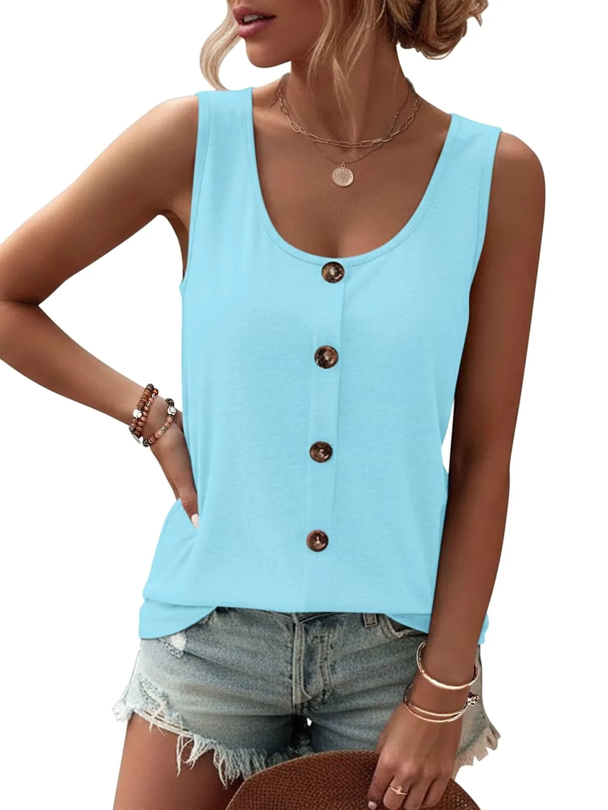 TICTICMIMI Five-button scoop neck tank in Mint Blue