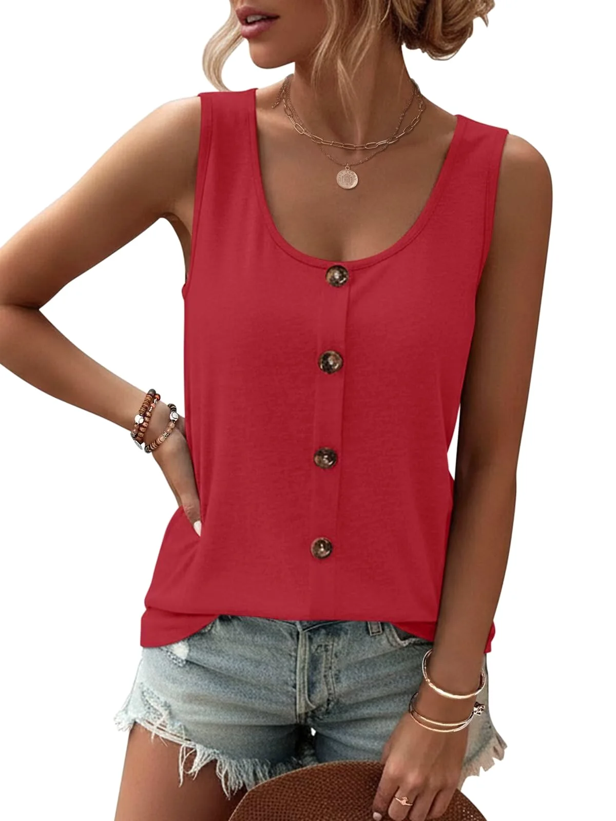 TICTICMIMI Five-button scoop neck tank in Red