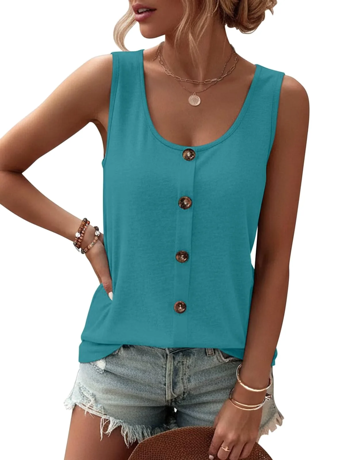 TICTICMIMI Five-button scoop neck tank in Teal