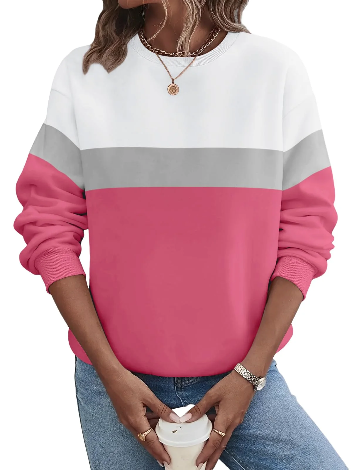 TICTICMIMI Fleece-lined crewneck sweatshirt in White Hot Pink