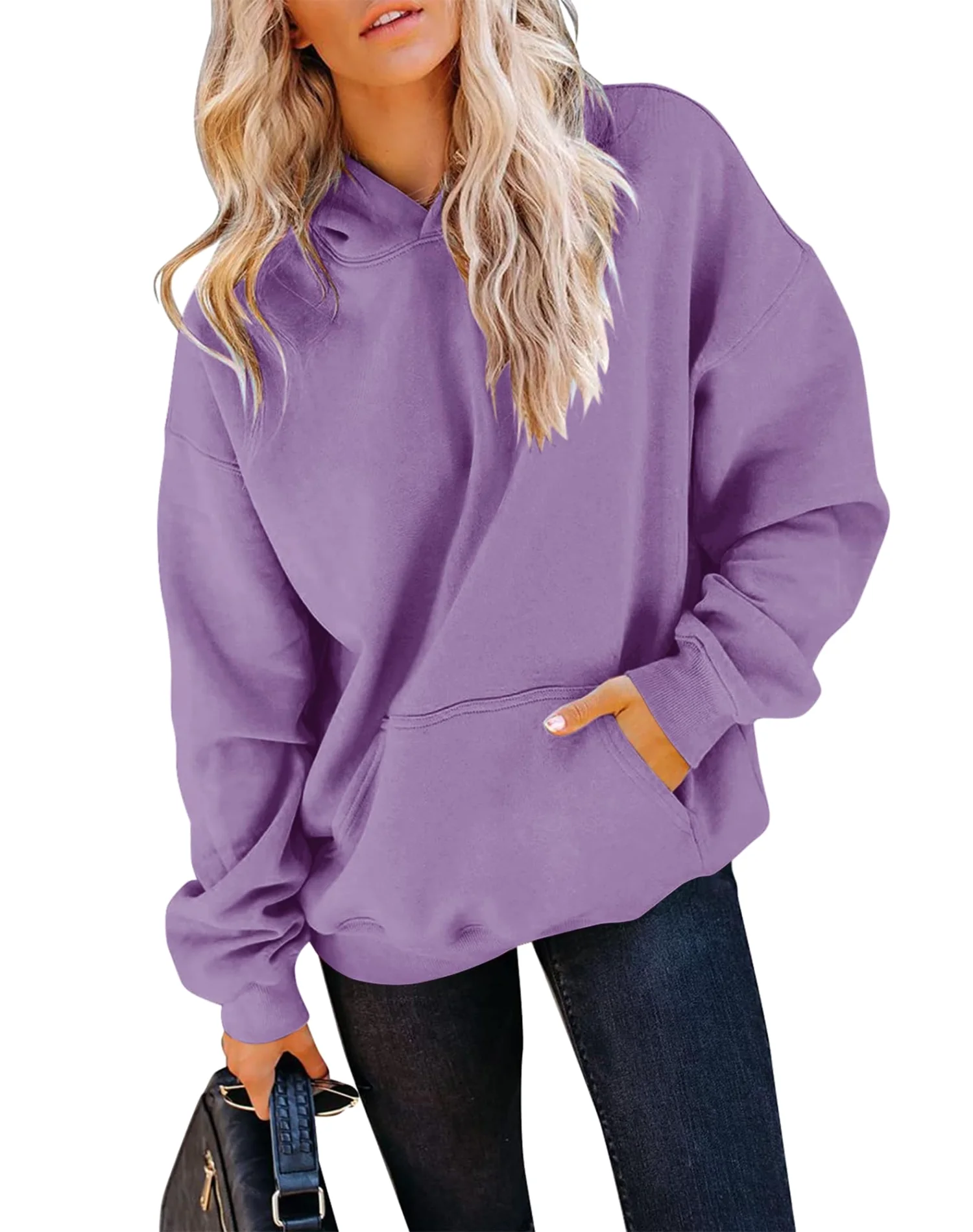 Fleece pullover hoodie in lavender with a front kangaroo pocket