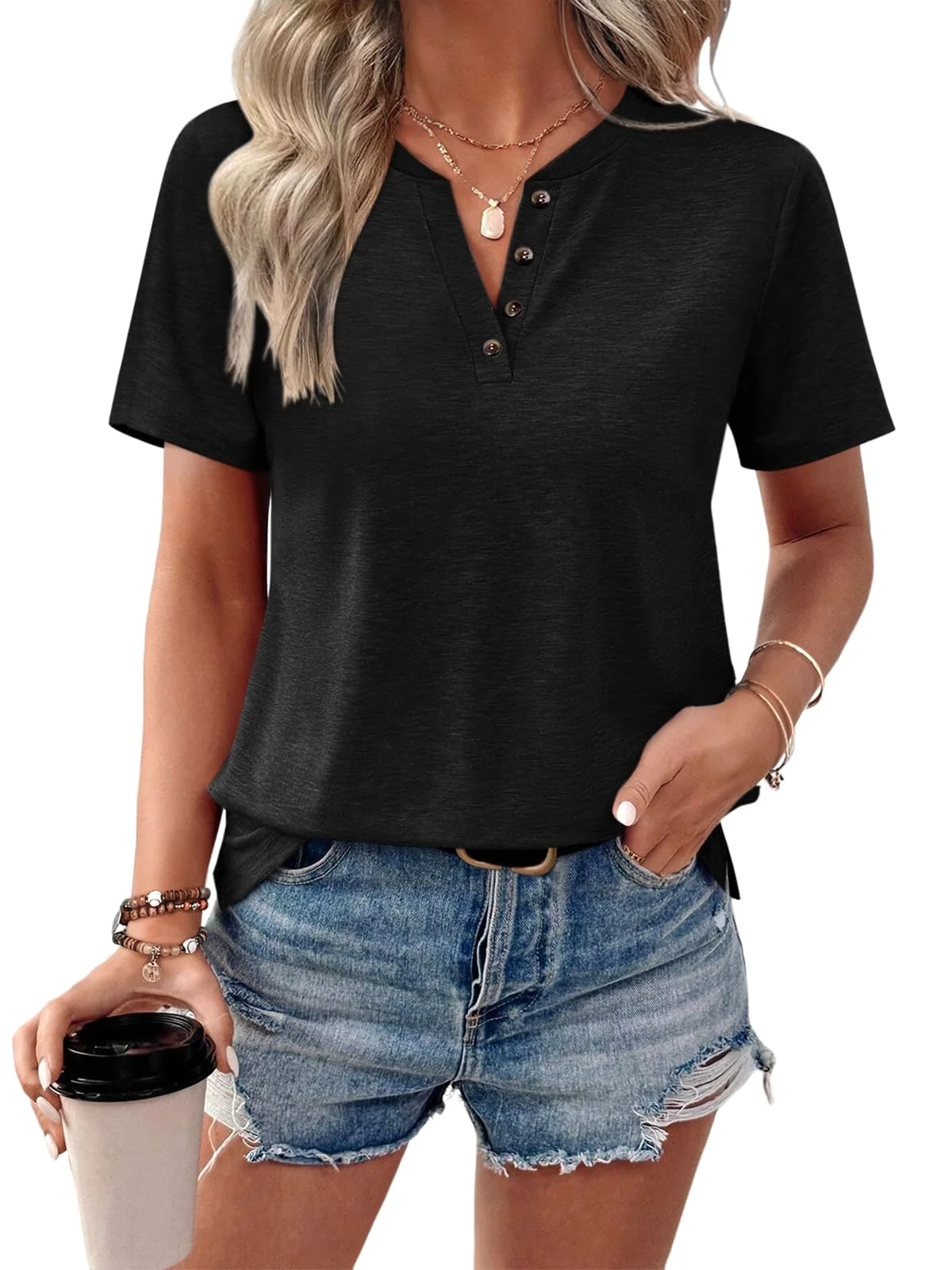 TICTICMIMI Four-button V-neck tee in Black