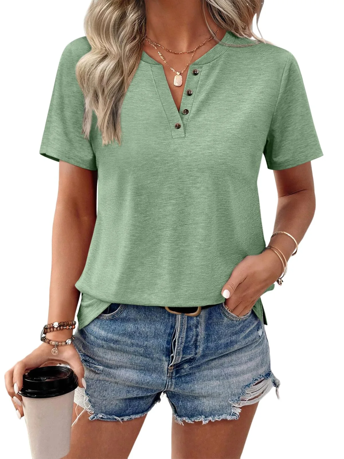 TICTICMIMI Four-button V-neck tee in Grass Green