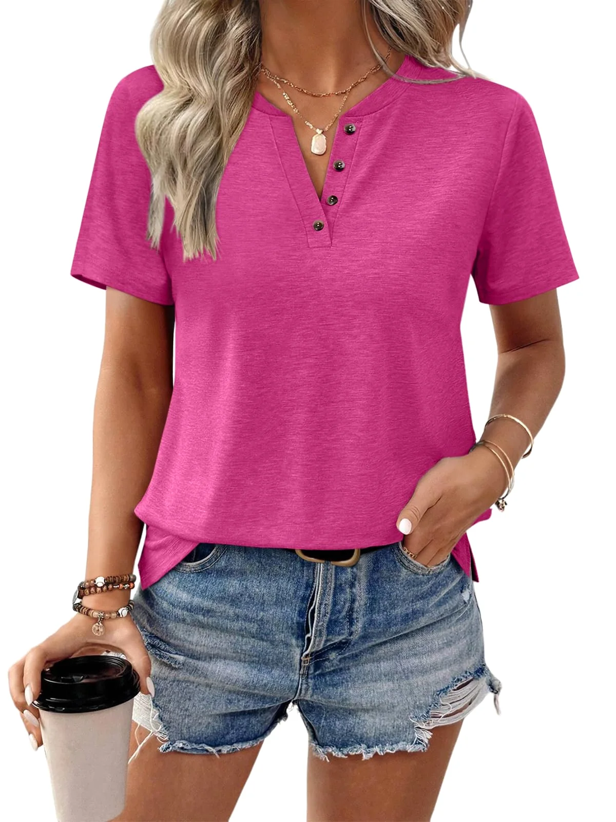 TICTICMIMI Four-button V-neck tee in Hot Pink