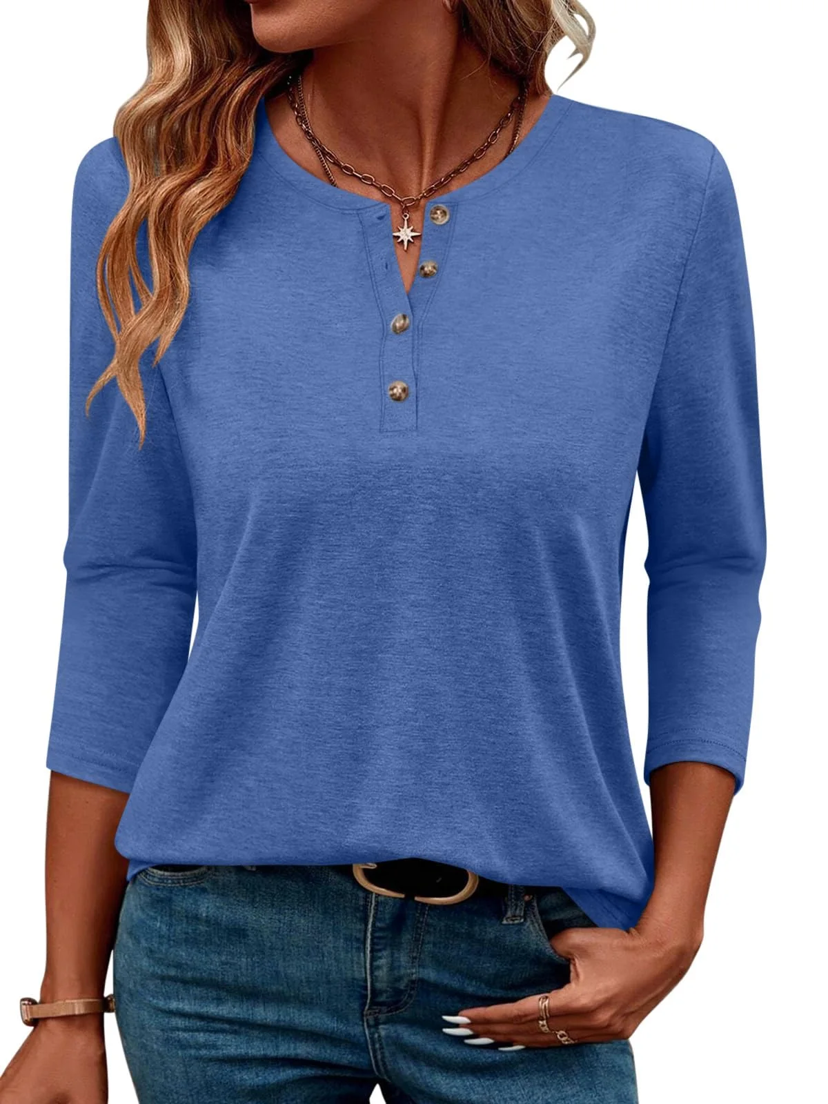 TICTICMIMI Henley 3/4 sleeve top in Blue