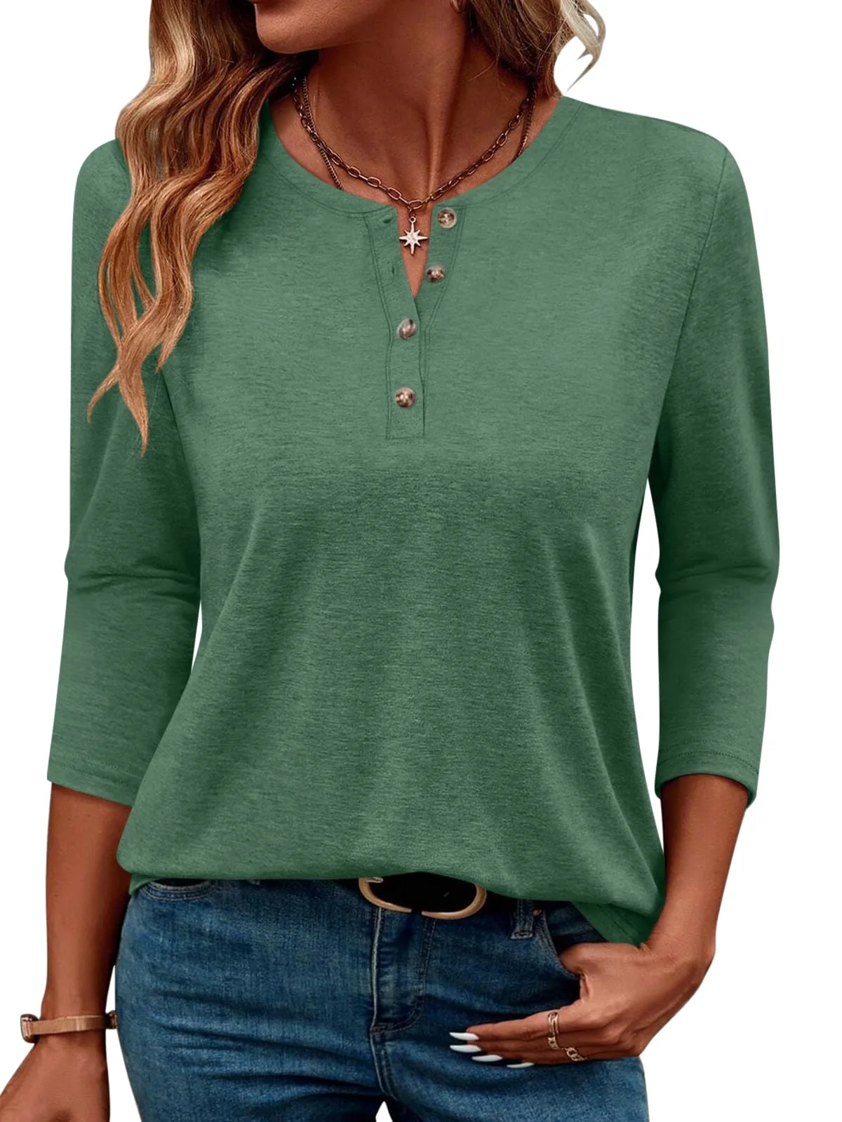 TICTICMIMI Henley 3/4 sleeve top in Green