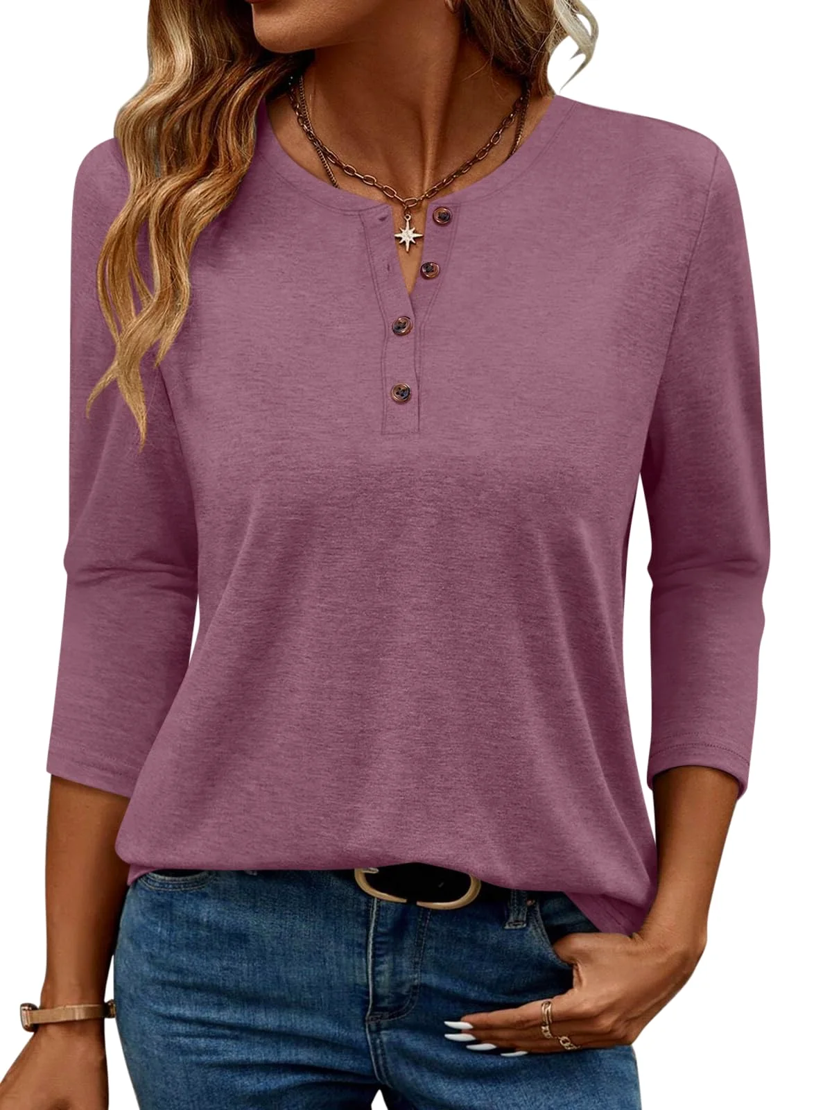 TICTICMIMI Henley 3/4 sleeve top in Plum