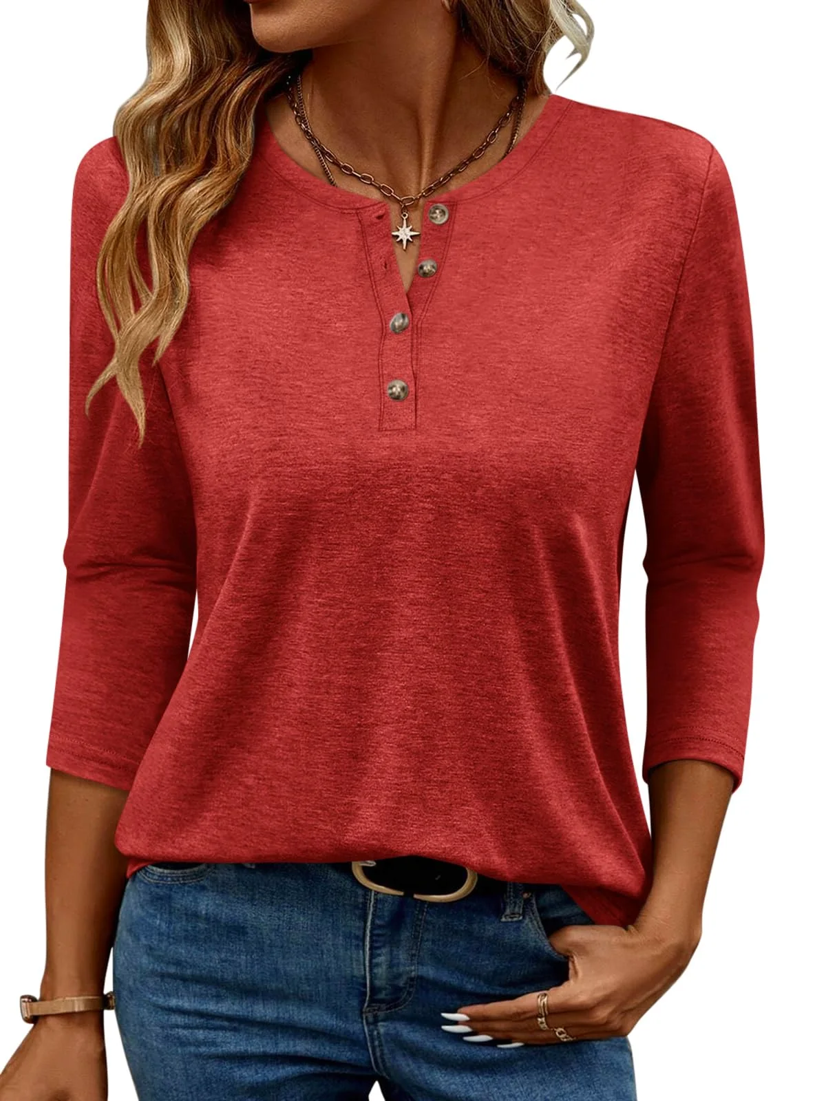 TICTICMIMI Henley 3/4 sleeve top in Red