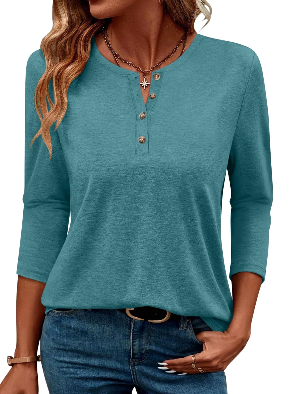 TICTICMIMI Henley 3/4 sleeve top in Teal