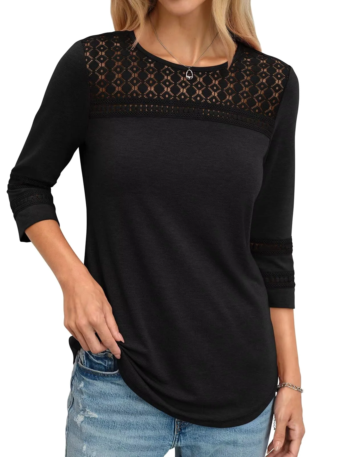 TICTICMIMI Hollow-out lace 3/4 sleeve tunic in Black