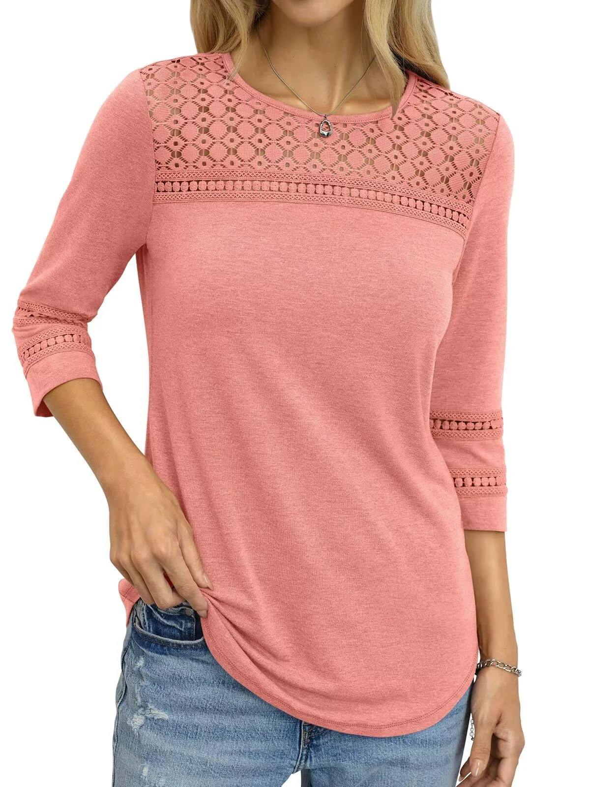 TICTICMIMI Hollow-out lace 3/4 sleeve tunic in Coral