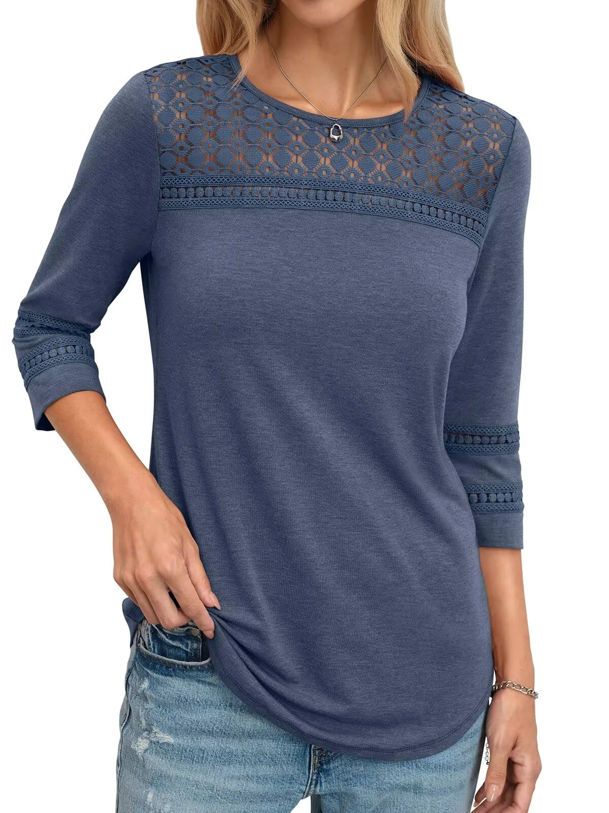TICTICMIMI Hollow-out lace 3/4 sleeve tunic in Navy