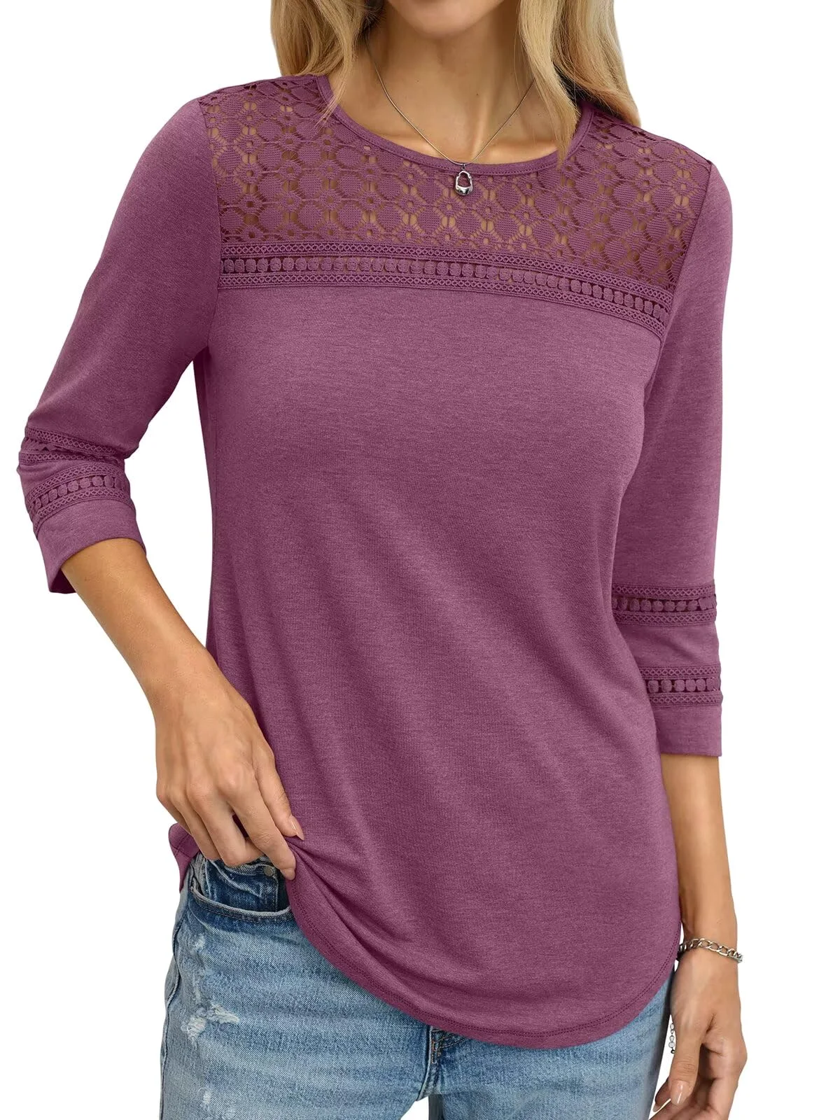 TICTICMIMI Hollow-out lace 3/4 sleeve tunic in Plum
