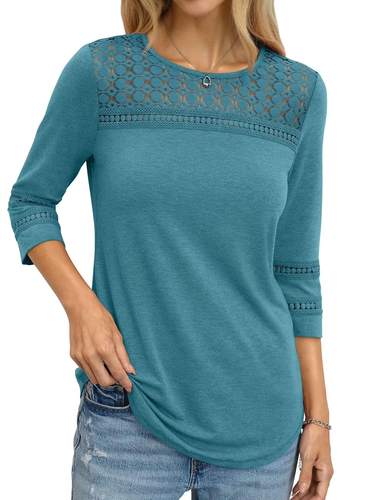 TICTICMIMI Hollow-out lace 3/4 sleeve tunic in Teal