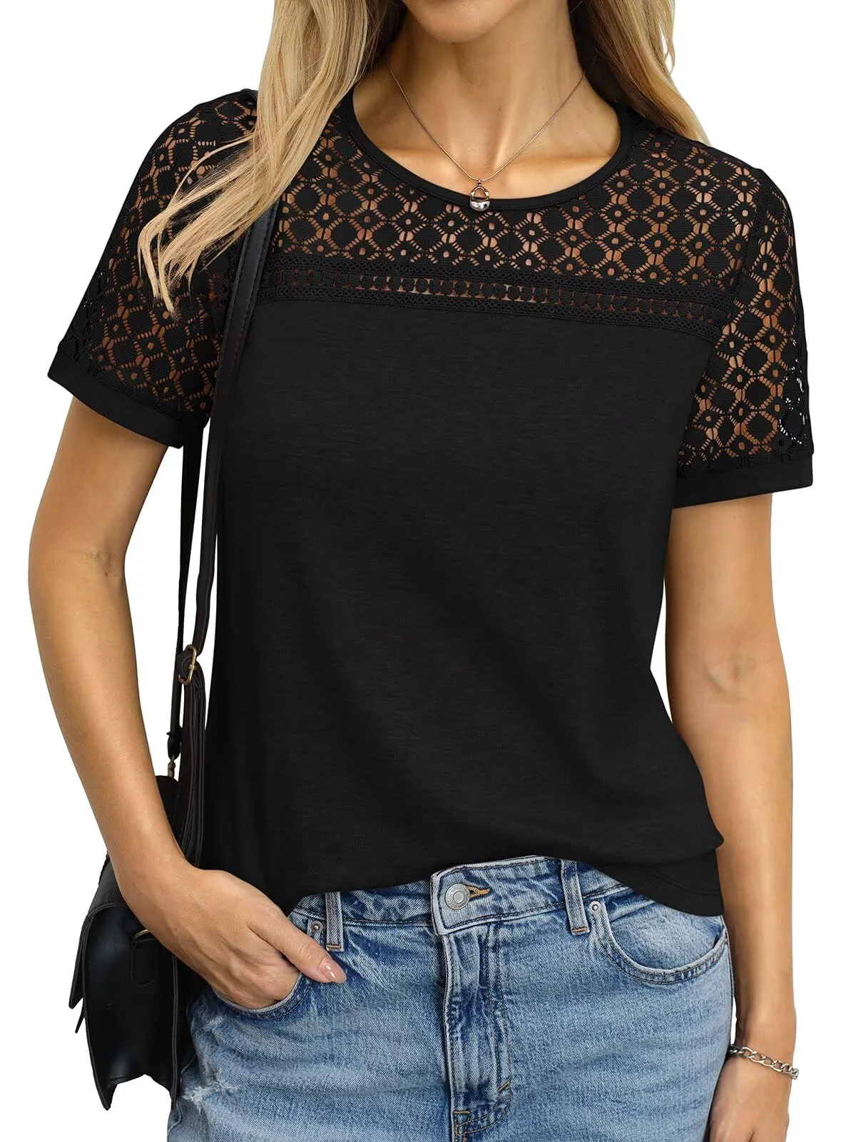 TICTICMIMI Hollow-out lace crewneck tee in Black