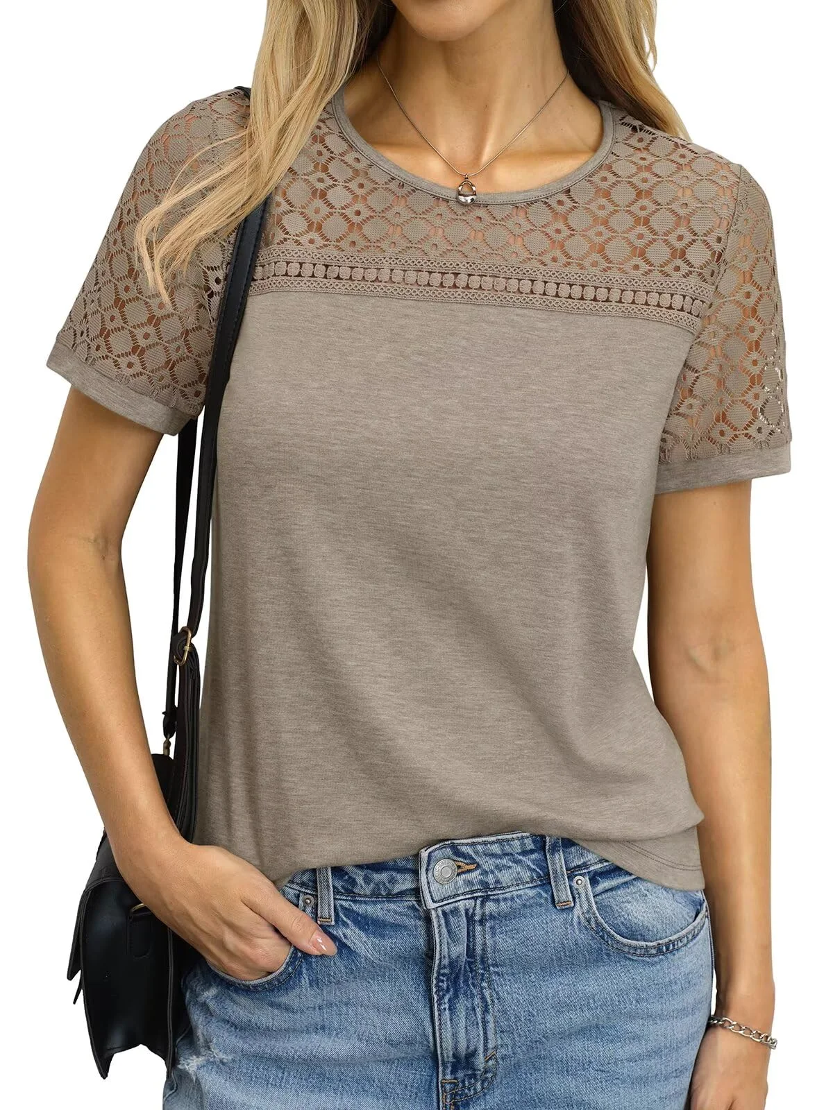 TICTICMIMI Hollow-out lace crewneck tee in Khaki