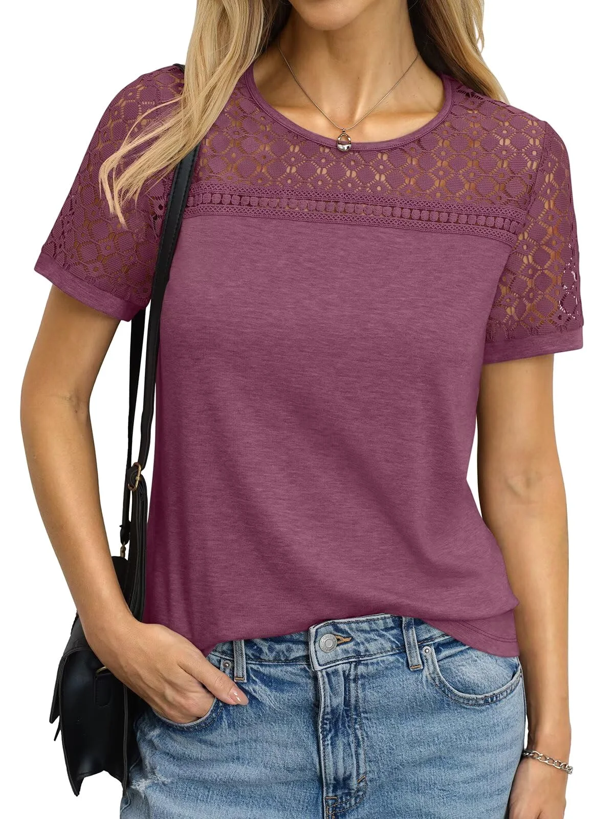 TICTICMIMI Hollow-out lace crewneck tee in Plum