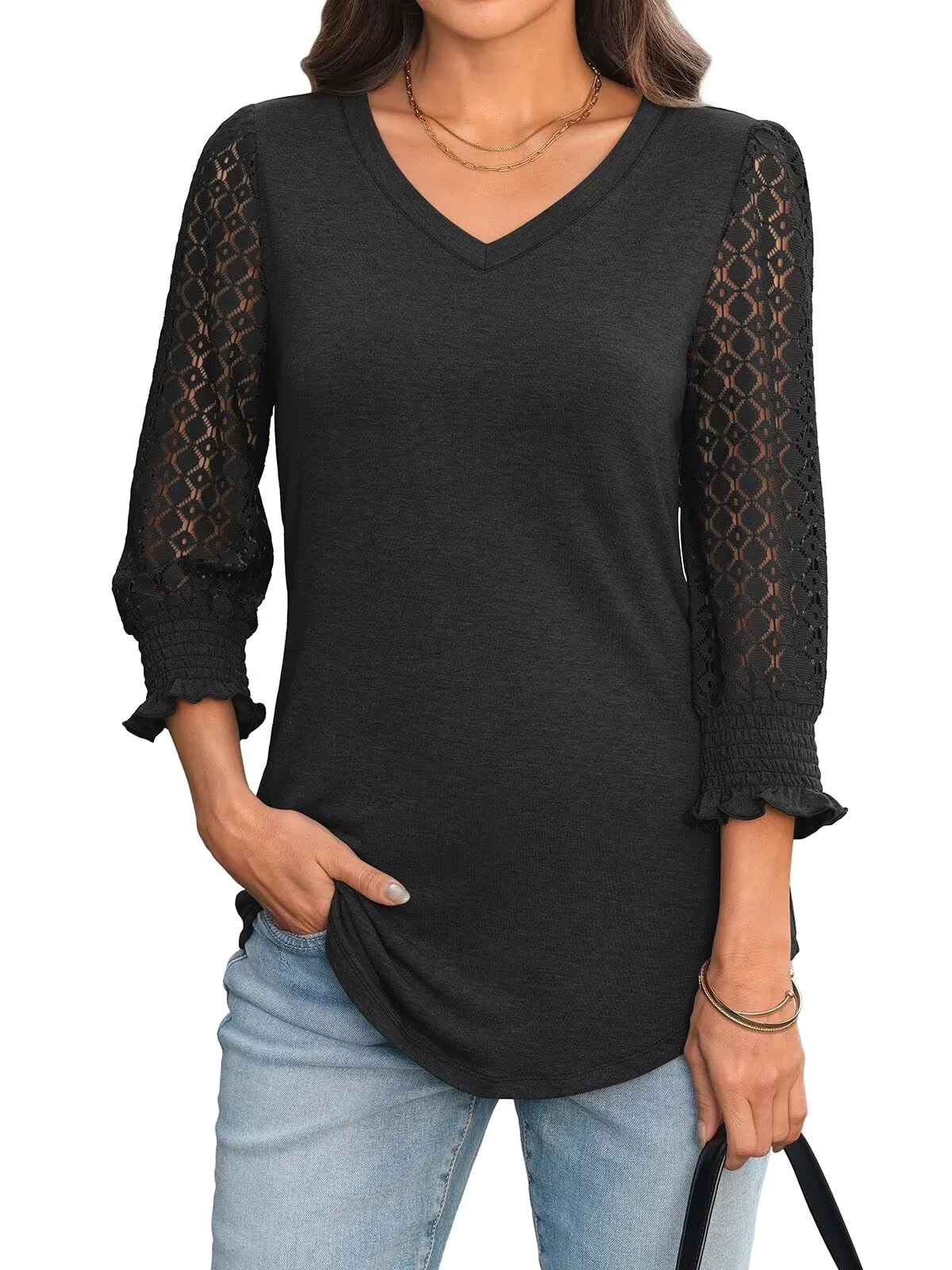 TICTICMIMI Lace sleeve smocked-cuff tunic in Black