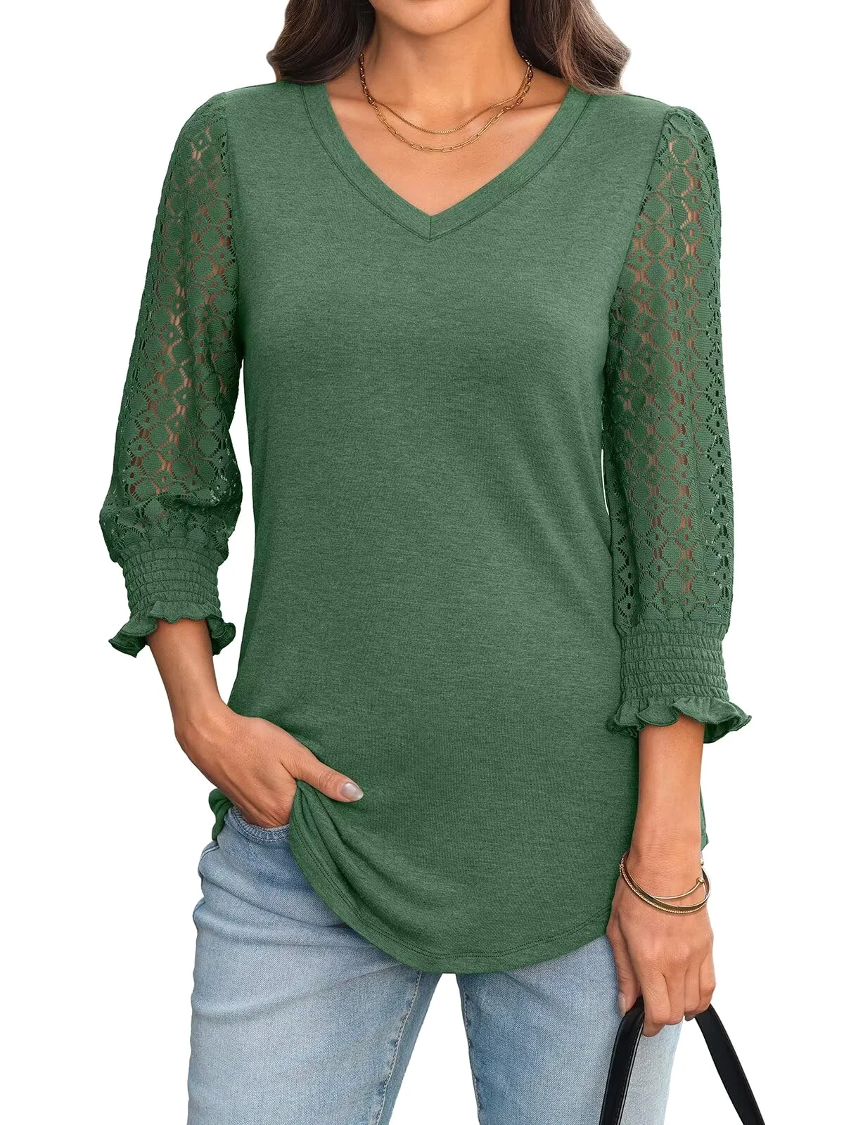 TICTICMIMI Lace sleeve smocked-cuff tunic in Green