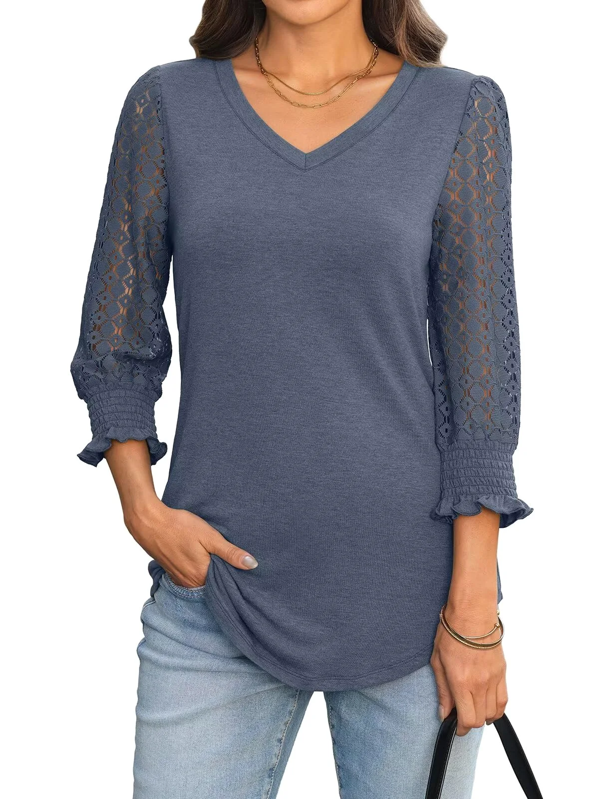 TICTICMIMI Lace sleeve smocked-cuff tunic in Navy