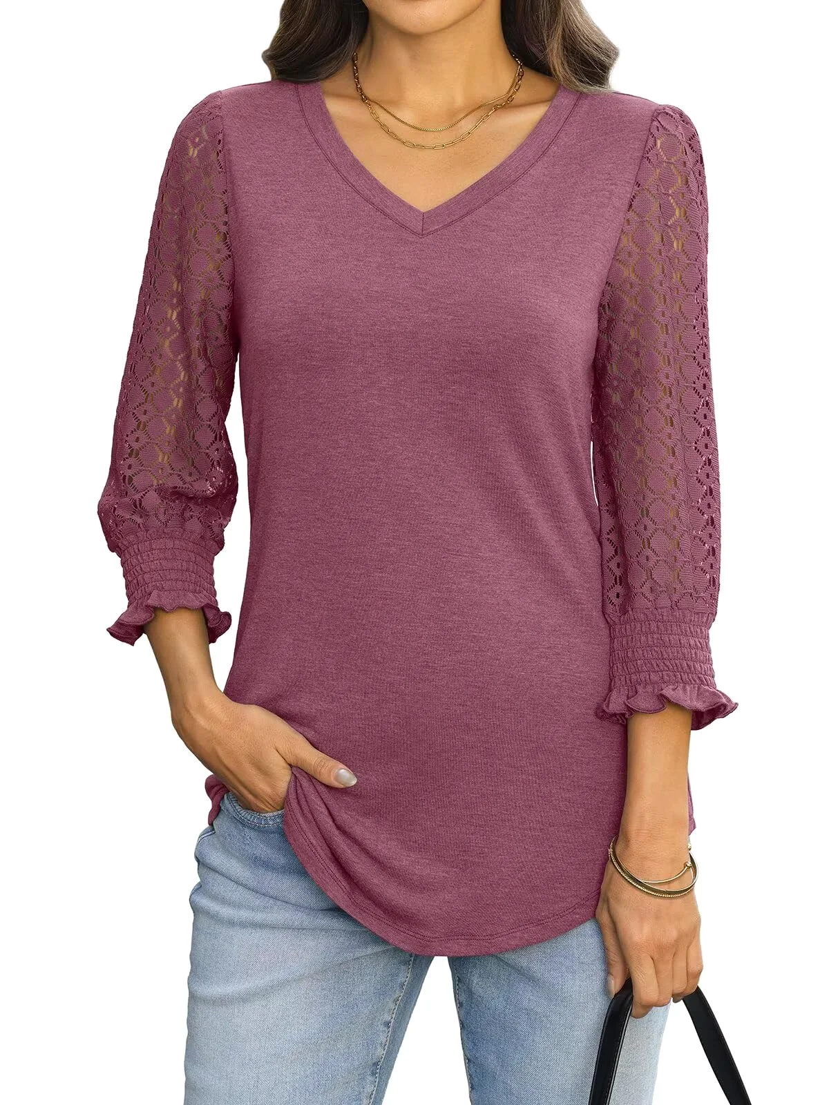 TICTICMIMI Lace sleeve smocked-cuff tunic in Plum
