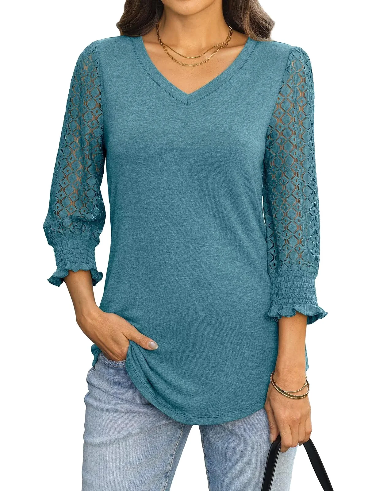 TICTICMIMI Lace sleeve smocked-cuff tunic in Teal