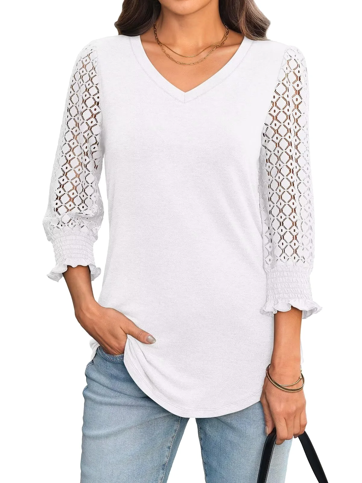 TICTICMIMI Lace sleeve smocked-cuff tunic in White