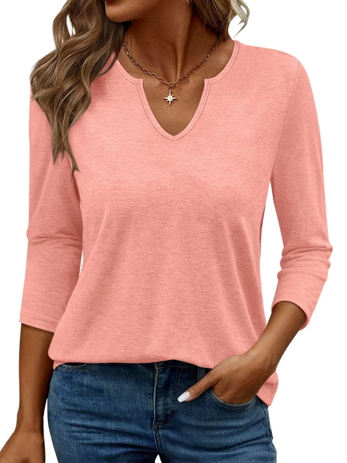TICTICMIMI Loose V-neck 3/4 sleeve tee in Coral