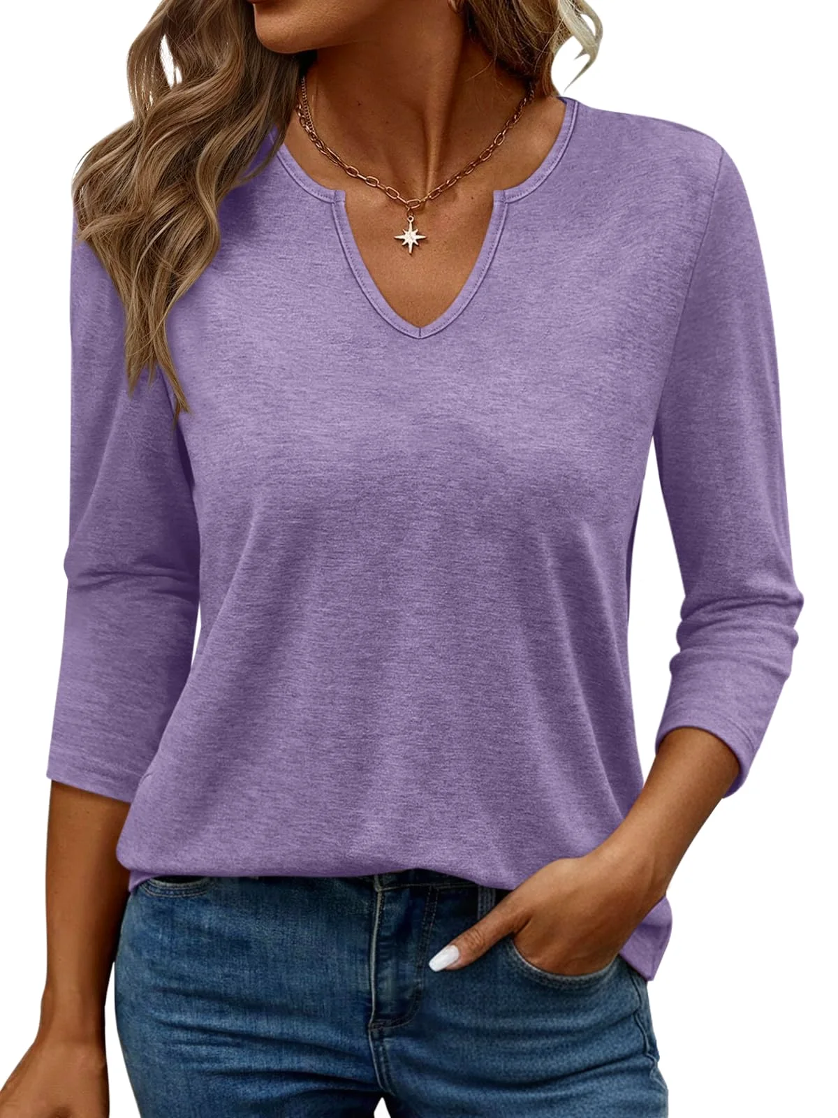 TICTICMIMI Loose V-neck 3/4 sleeve tee in Light Purple