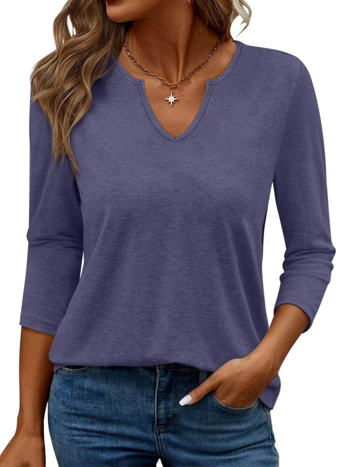 TICTICMIMI Loose V-neck 3/4 sleeve tee in Navy