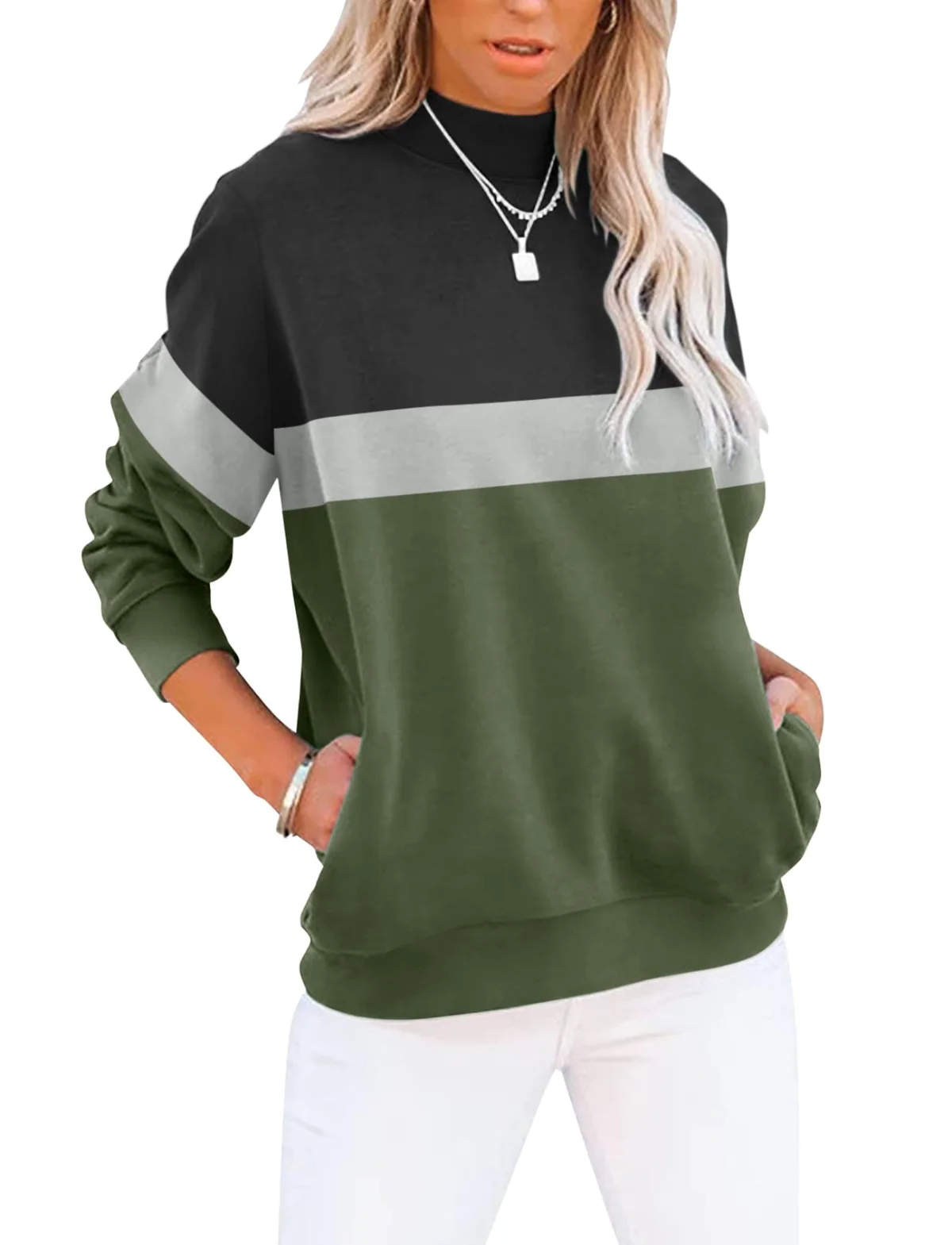 TICTICMIMI Mock neck tunic sweatshirt with pockets in Black Green