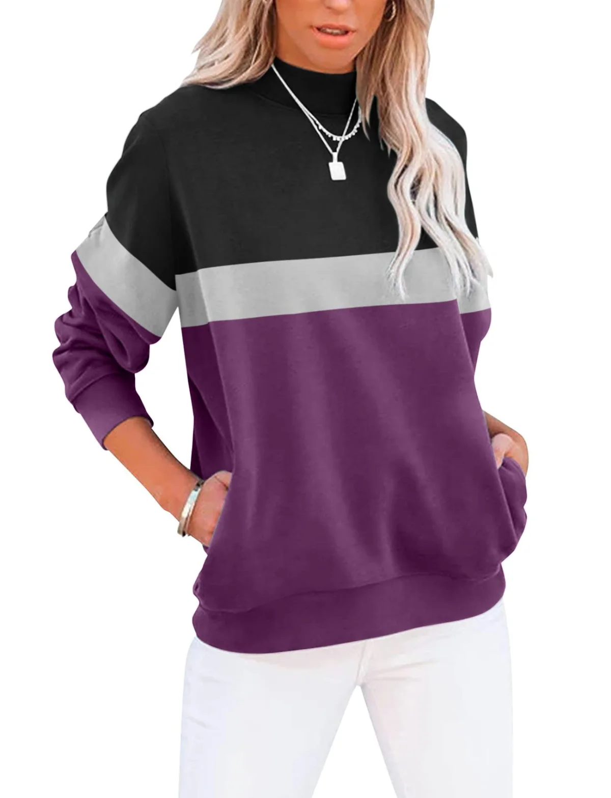 TICTICMIMI Mock neck tunic sweatshirt with pockets in Black Purple